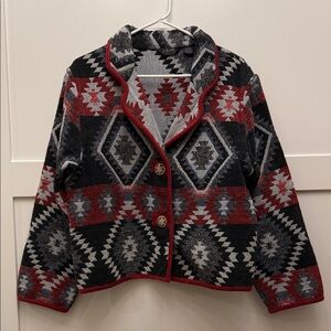 Vintage Agaro Colllection Aztec Blazer in size small with wooden carved buttons.